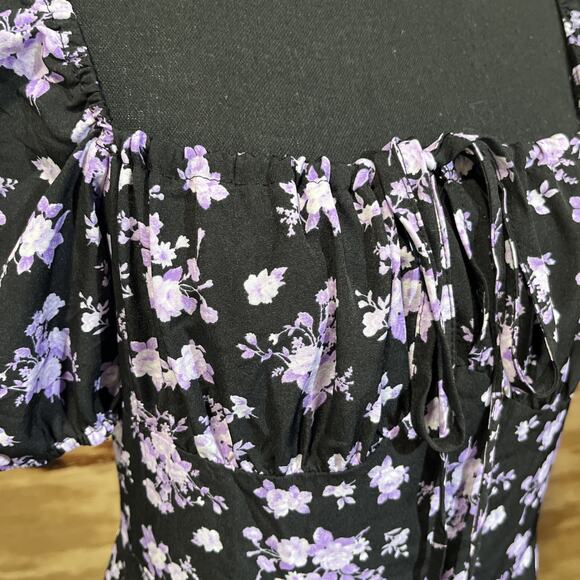 Y2K Milkmaid Babydoll Midi Dress Women's Large Black Floral Whimsigoth Fairy - Picture 4 of 14